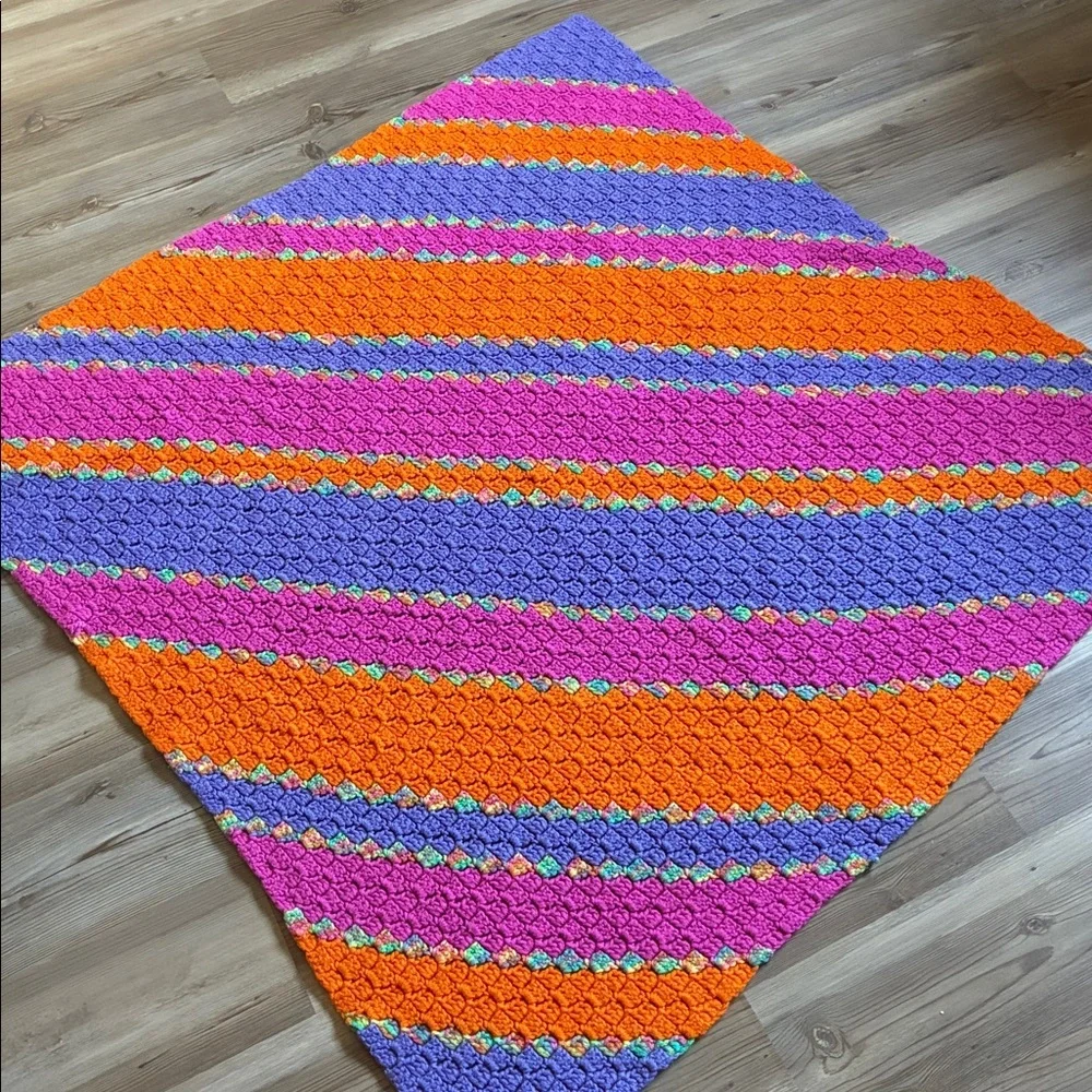 Multicolored Crocheted Blanket Throw Orange purple pink Handmade 40” X 40”